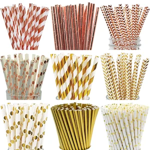 25pcs Rose Gold Paper Straws Stripe Dot Disposable Drinking Straw Wedding Decoration Straw Baby Show in India