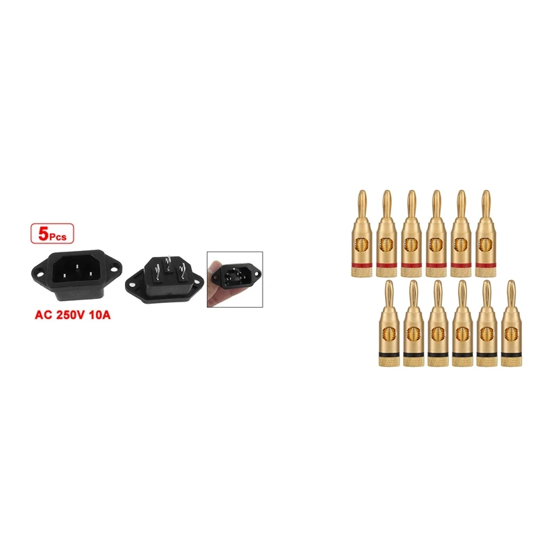

5 шт., разъемы для штепсельной вилки 3P IEC 320 C14, 250 В переменного тока, 10 А и 6 пар, позолоченные банановые штекеры
