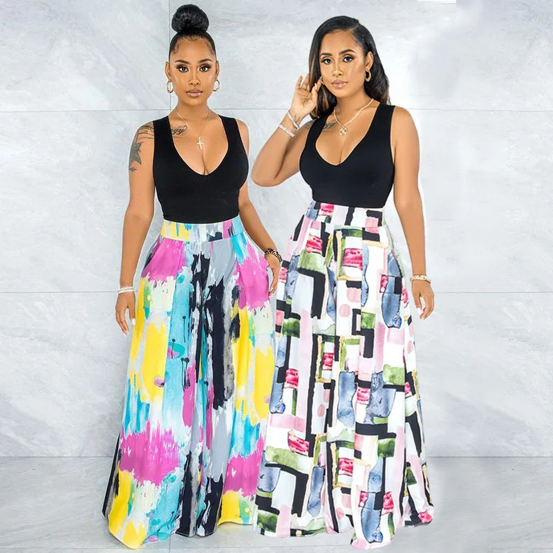 

Летние женские брюки Дашики в африканском стиле, брюки полной длины со средней талией и широкими штанинами, свободные брюки с карманами, пов...