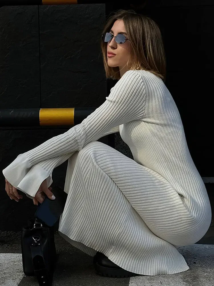 

Solid Half High Collar Ribbed Knit Dress Women Slim Flare Long Sleeve Midi Dresses 2023 Autumn Female Chic Streetwear Robe