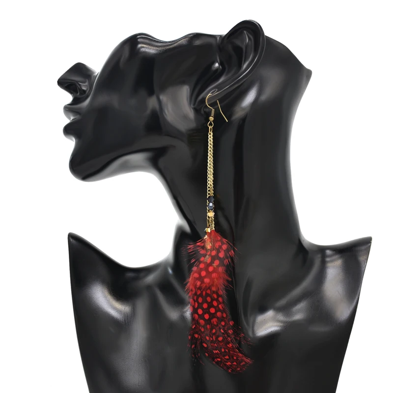 Женские длинные серьги в горошек с кисточками и перьями богемные висячие