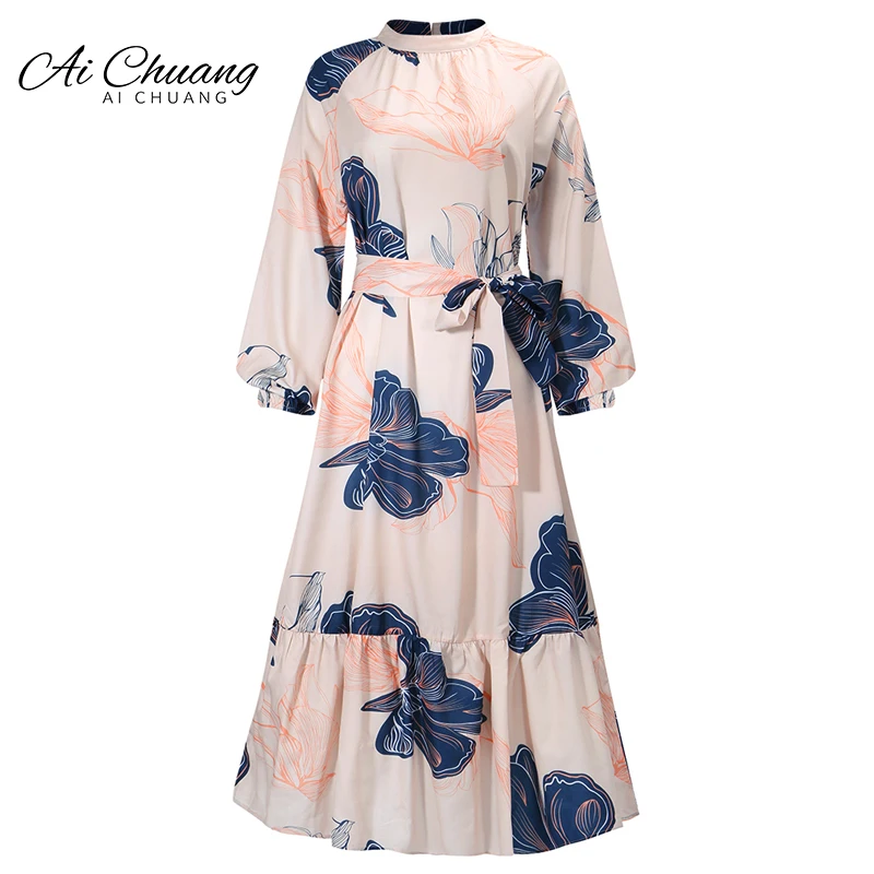 

Spring Fall Holiday Maxi Dress 2022 Bohemian Women O-Neck Vintage Print Long Dress Beach Office Belt Long Sleeve Party Vestido
