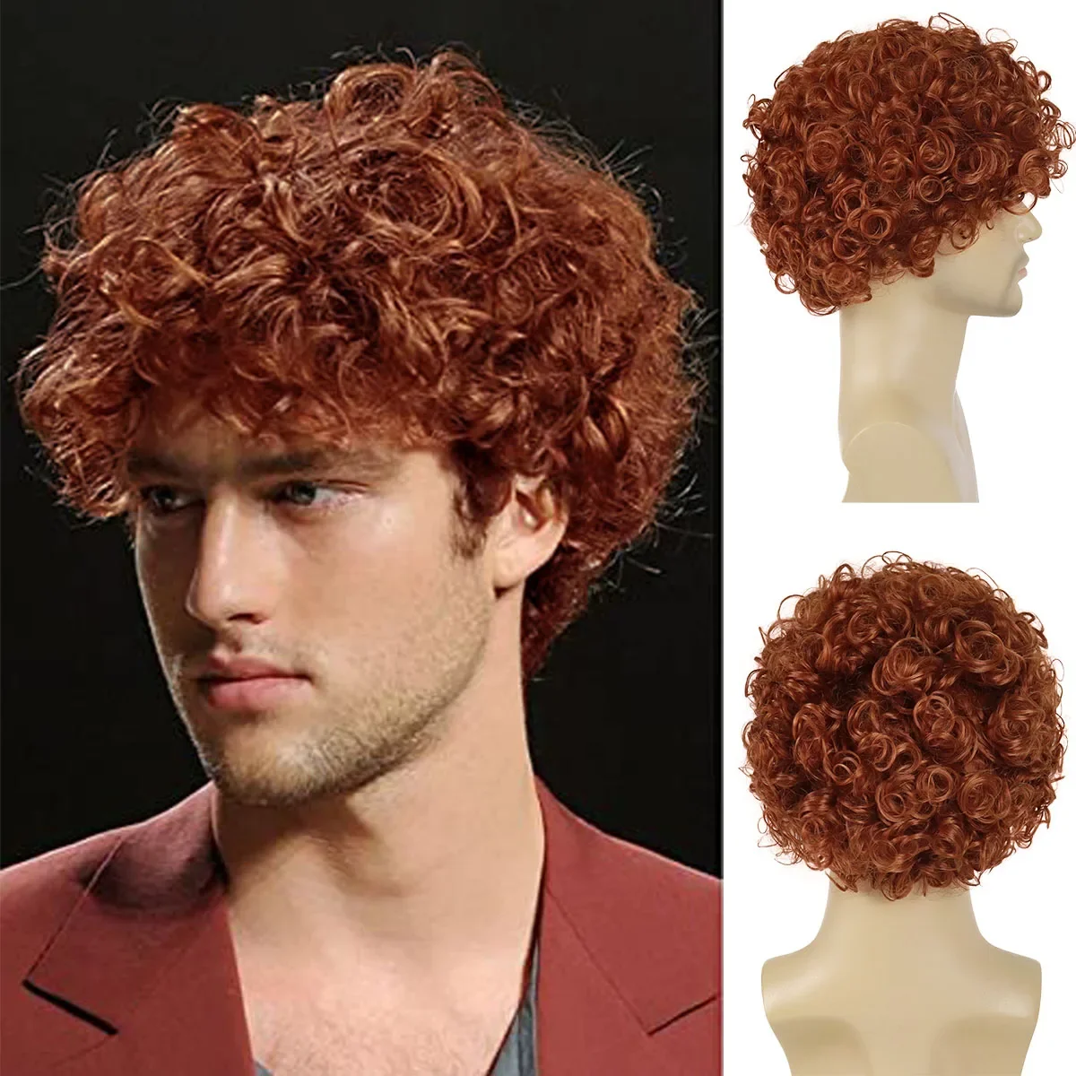 

Синтетические афро вьющиеся волосы GNIMEGIL оранжевого, коричневого цвета, для мужчин, короткий парик с челкой, натуральные кудри, пушистая прическа, костюм для косплея