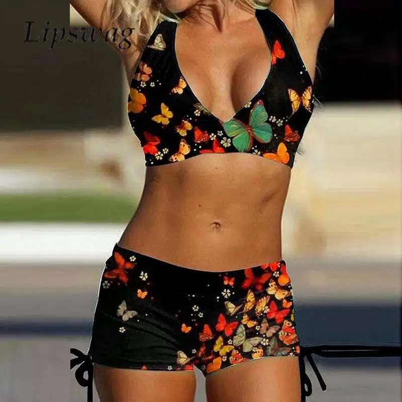 

Summer Deep V Neck Cross Backless Lace-up 2 Pcs Swimsuit Vintage Butterfly Printed Shorts Swimwear Women Push Up Boho Beachwear