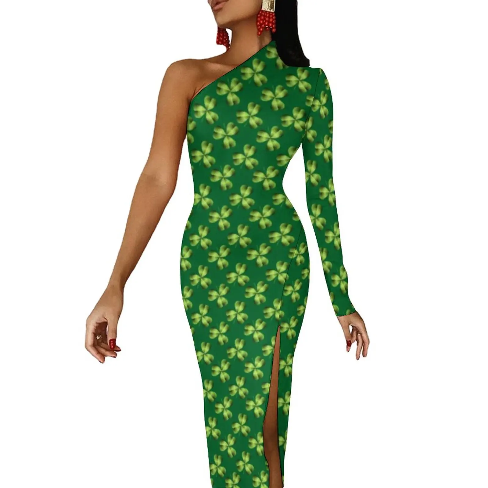 

Shamrock Three Leaf Maxi Dress One Shoulder St Patricks Day Party Bodycon Dresses Autumn High Slit Kawaii Dress Graphic Vestidos