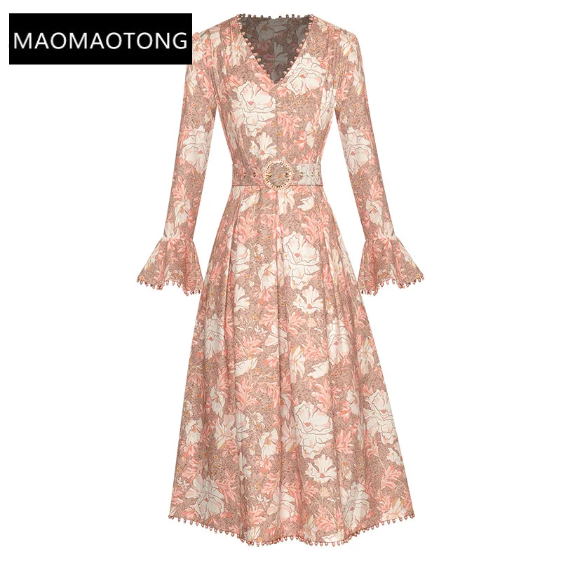 

Dresses For Women 2022 Elegant High Quality Luxury Designer Winter V-neck Belted Flower Print Flare Sleeve Vacation Party Dress