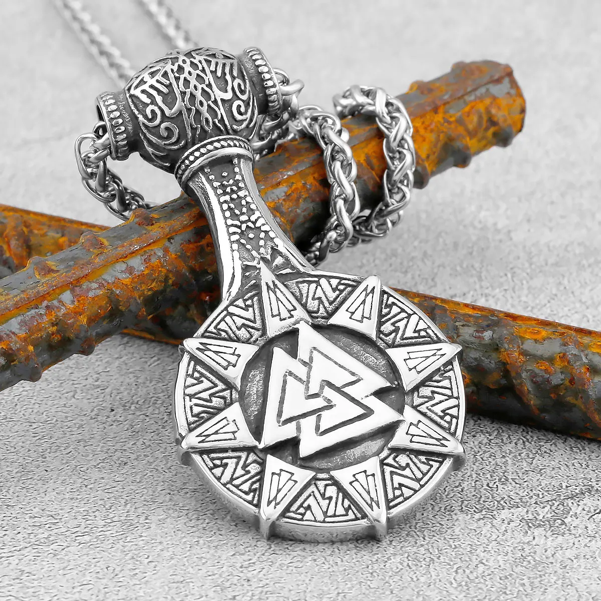 

Stainless Steel Viking Rune Amulet Pendant Necklace Men's Thor's Hammer Domineering Retro Jewelry Gift Rock Biker Pendant for Ma