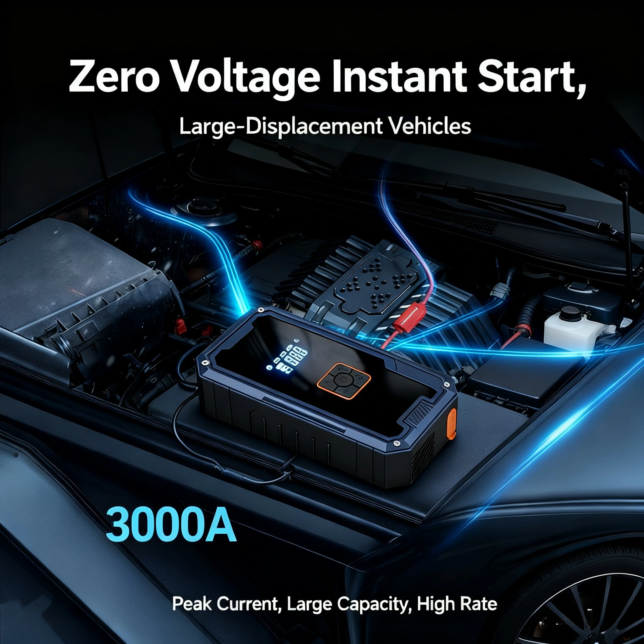 Фото 3000A 12V Автомобильный стартерный воздушный компрессор с аккумулятором 99800mah Пиковый портативный аккумуляторный стартер 150PSI Воздушный насос со светодиодной подсветкой №3