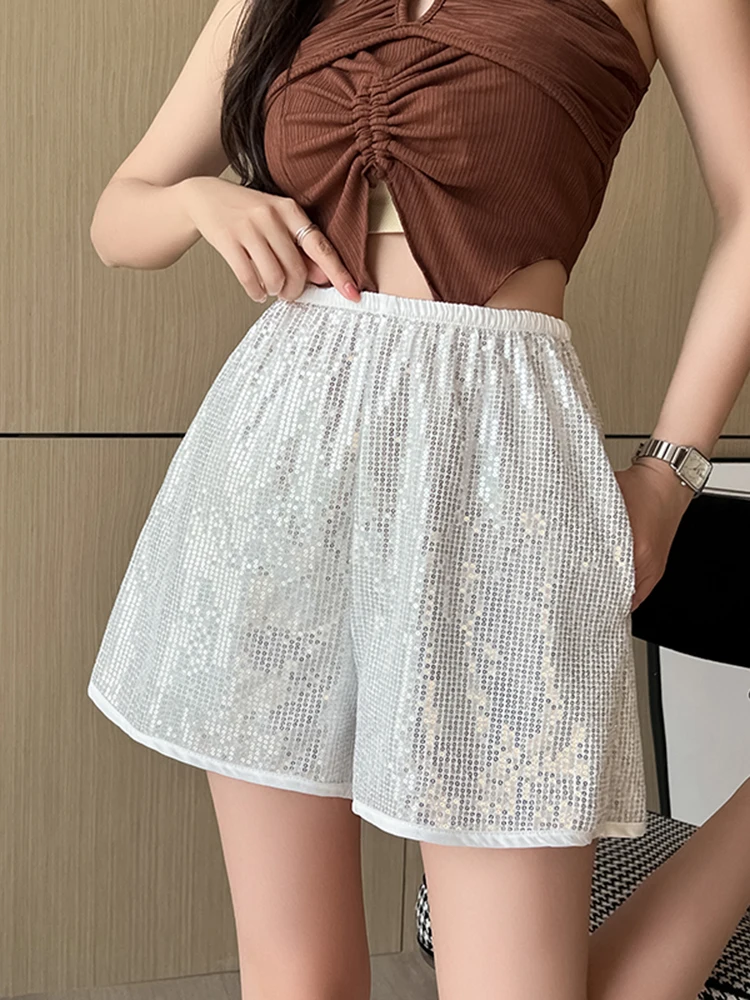 Women's Summer Bling Bling Sequins Shorts Lady Streetwear High Waist Wide Leg A Line Shorts