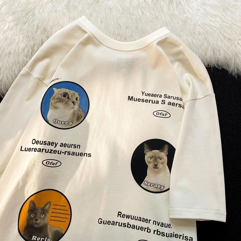 

Винтажные милые футболки с принтом животных, кошек, парные кавайные футболки, хлопковые летние топы большого размера, корейские модные Мультяшные футболки, уличная одежда