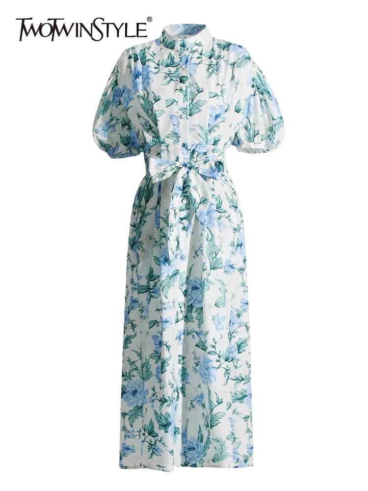 

TWOTWINSTYLE Hit Color Printing Dresses For Women Lapel Puff Sleeve High Waist Spliced Lace Up Dress Female Fashion Clothing New