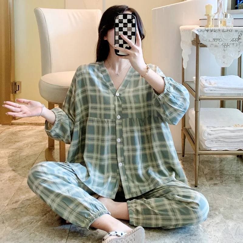 2023 New Pajamas for Women's Spring and Autumn Thin Japanese Style Three-quarter Sleeve Cardigan Pure Cotton Home Service Suit