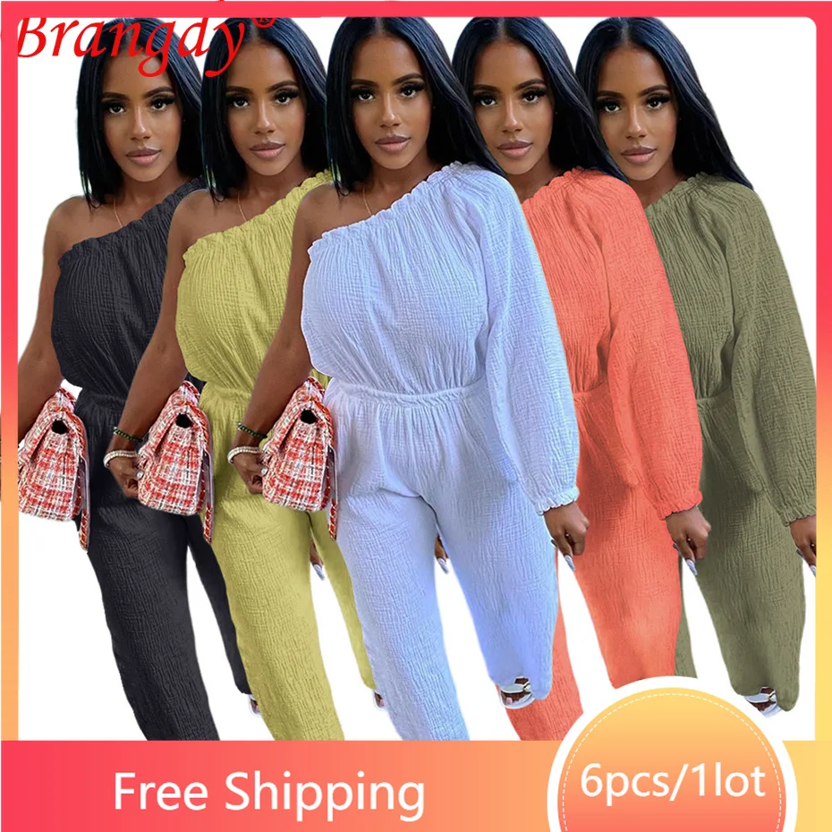 

Комбинезон на одно плечо B10076 Женский, повседневный однотонный ромпер с длинным рукавом, 6 шт.