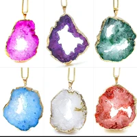 natural agate geode rough stone slice pendant electroplating package gold edge colorful irregular pendant diy sweater necklace