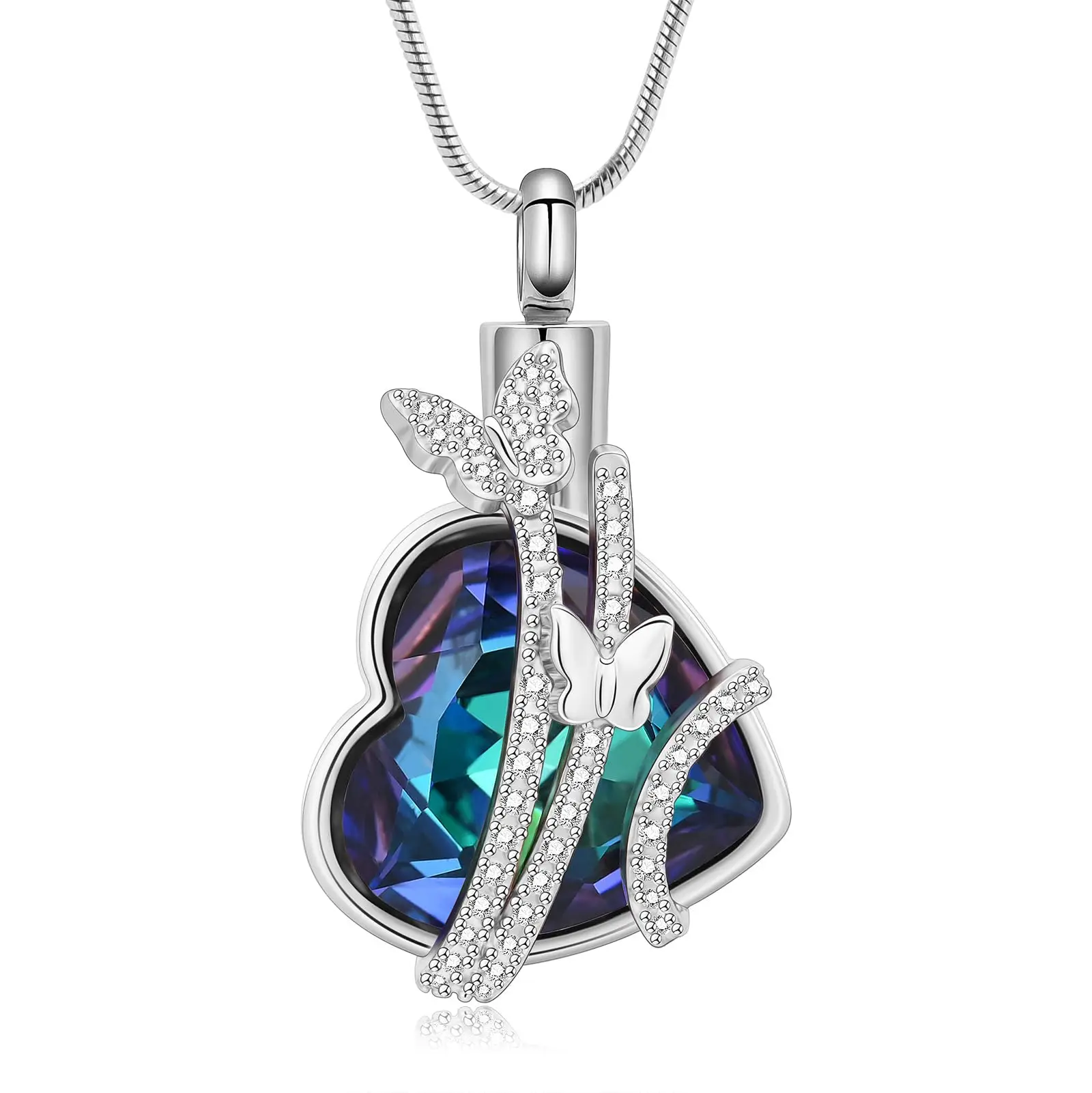 Butterfly Heart Shape Urn Necklaces for Ashes Cremation Jewelry Women Stainless Steel Birthstone Crystals Memorial Pendant