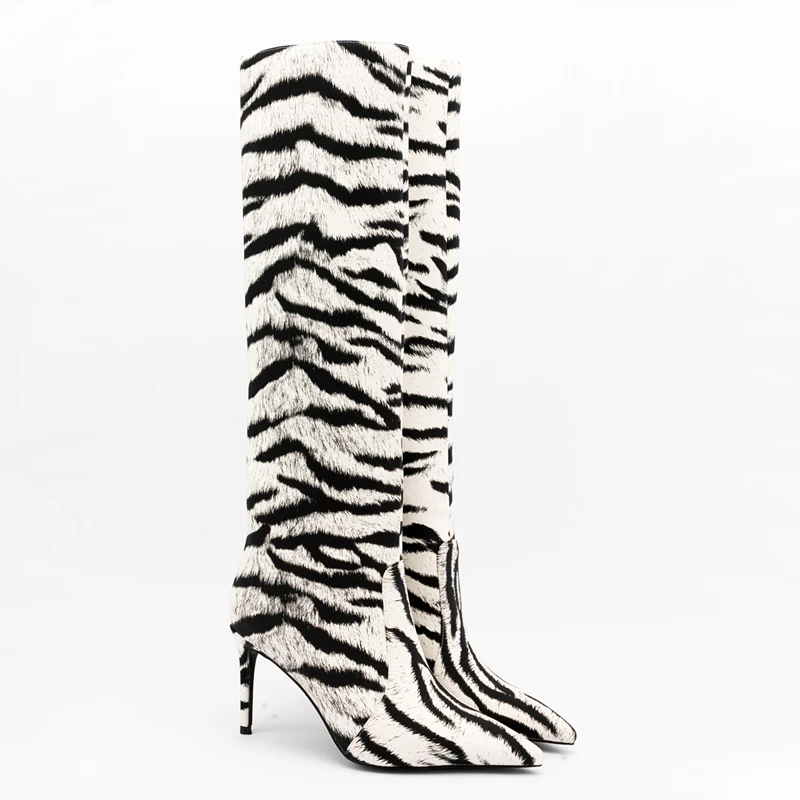 2022 New Design Pointy Toe Tiger Stripe High Heel Shoes Boots Sexy for Women Slip on Custom Big Size 47 Knee High Boots