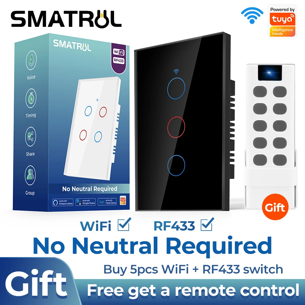 Tuya Smart Wifi Touch Switch No Neutral Wire Required 1/2/3/4 Gang Control Light 220V 433RF Remote For Alexa Google Home Brazil
