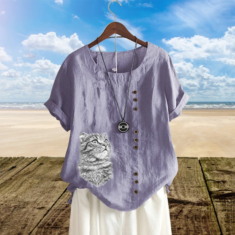 

2022 New Vintage Women's Casual Loose Shirts Cute Cat Printed Linen Tops Casual Round Neck Short Sleeve Graphic Blouse XS-5XL