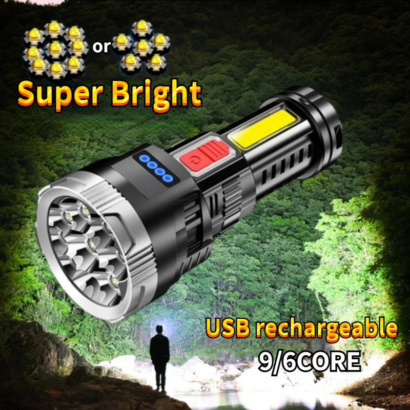 

9 Led Flashlight Usb Rechargeable High Powerful with Cob Side Light 100000lm Camping Emergency Outdoor Touch Light Flashlight