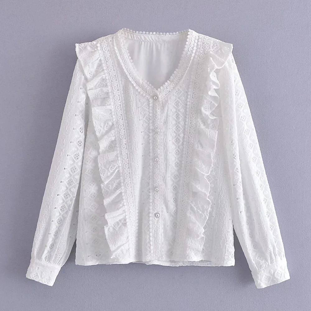 

Withered England Style Office Lady Elegant Lace Shirt Women 2022 Tops Fashion Simple Ruffles Embroidery White Blouse Women