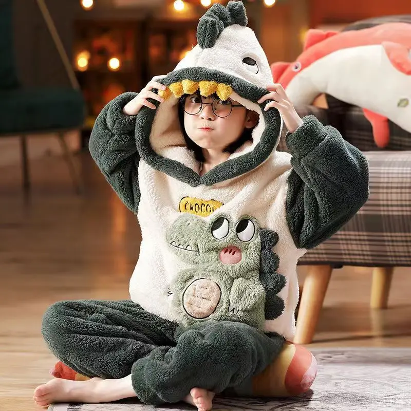 

Winter Pajama set Children's Flannel Pyjamas Thickened Plush Hoodie Long Sleeved Animal Dinosaur Panda Boys Sleepwear