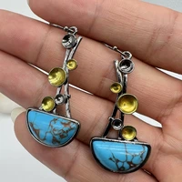 ethnic irregular shape inlaid blue stone earrings vintage jewelry bohemian plating black gold two tone geometry dangle earrings