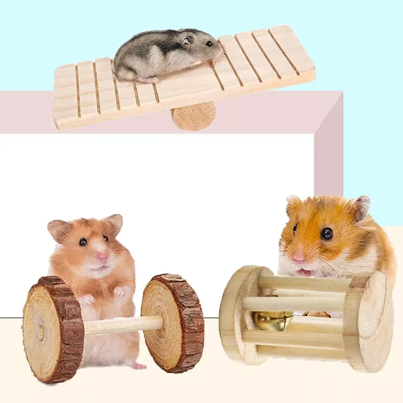 

JMT Cute Natural Wooden Rabbits Toys Pine Dumbells Unicycle Bell Roller Chew Toys for Guinea Pigs Rat Small Pet Molars Supplies