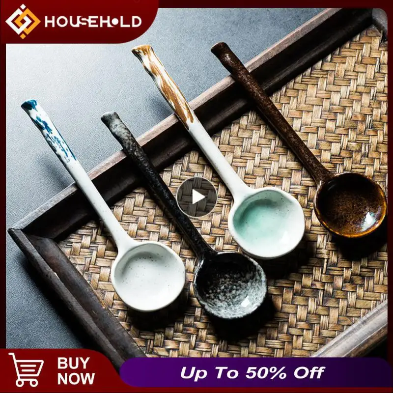 

High Temperature Firing Soup Spoon High Quality Long-handle Spoon Underglaze Color Process Retro Dessert Spoon Kitchen Product