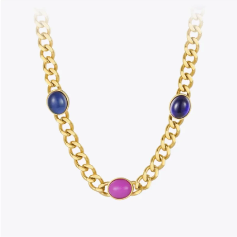 

Vintage Rainbow Stone Thick Chain Necklace Women's Stainless Steel Necklace Fashion Jewellery Pendant Summer Gold Colour
