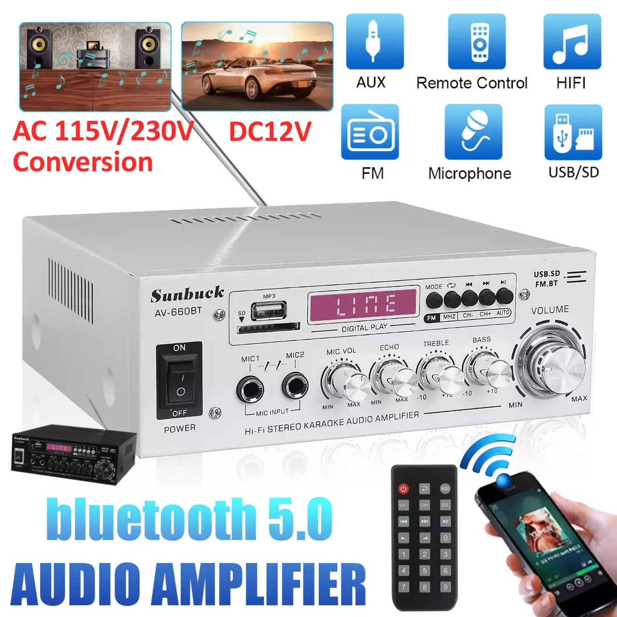 

Усилитель Hi-Fi 2-канальный для домашнего кинотеатра, 12/220 В