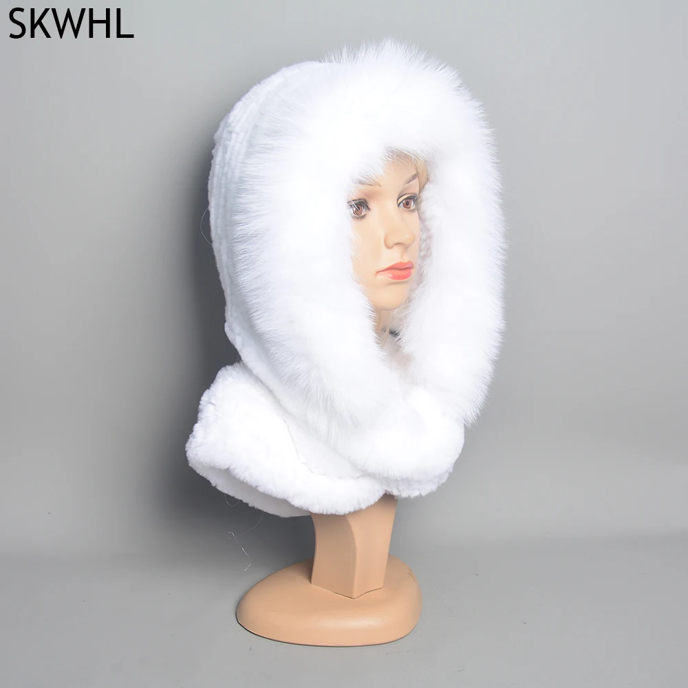 New Winter Women Real Fox Fur Hats&Scarves Lady Warm Fluffy Real Rex Rabbit Fur Hat&Scarf Luxury Knit Genuine Fur Hooded Scarf