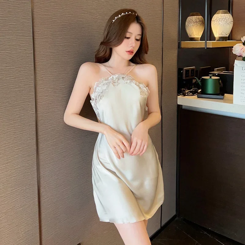 Сексуальное женское летнее новое домашнее белье из ледяного шелка с лямкой на