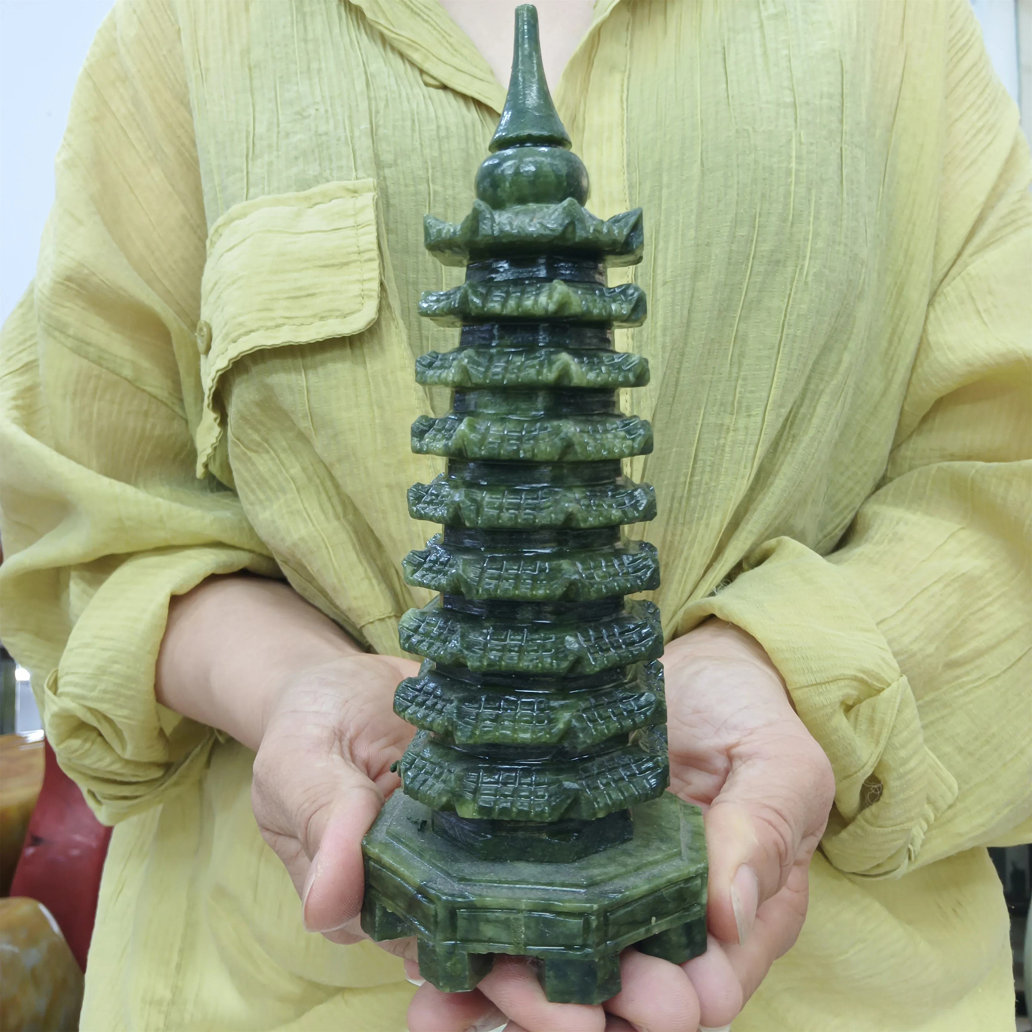 

Natural Xiuyan Jade ​Stone Hand-Carved Wenchang Tower Crystal Ore Home Office Decoration Craft Gifts Reiki Healing