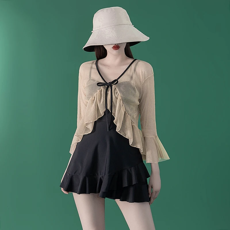 

Solid Wire Free Swimsuit Swimsuit Women Ins Cover Belly Thin Blouse Hot Spring Conservative Student One-piece Swimsuit