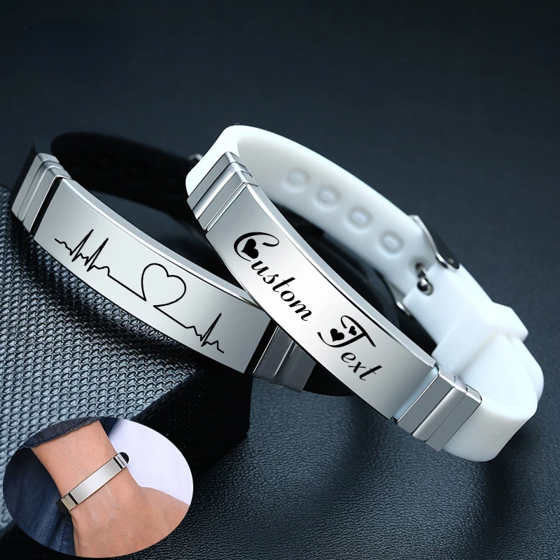 

Vnox Casual Silicone Bracelet for Men Women with Personalize Engrave Service Stainless Steel ID Tag Custom Unisex Jewelry