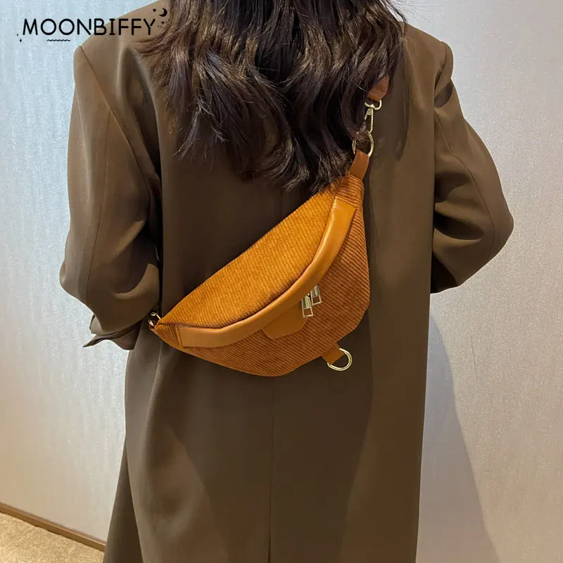 

Fanny Waist Pack Casual Corduroy Crossbody Bag for Women Simple Travel Phone Purse Large Canvas Waist Bag Banana Hip Belt Bag