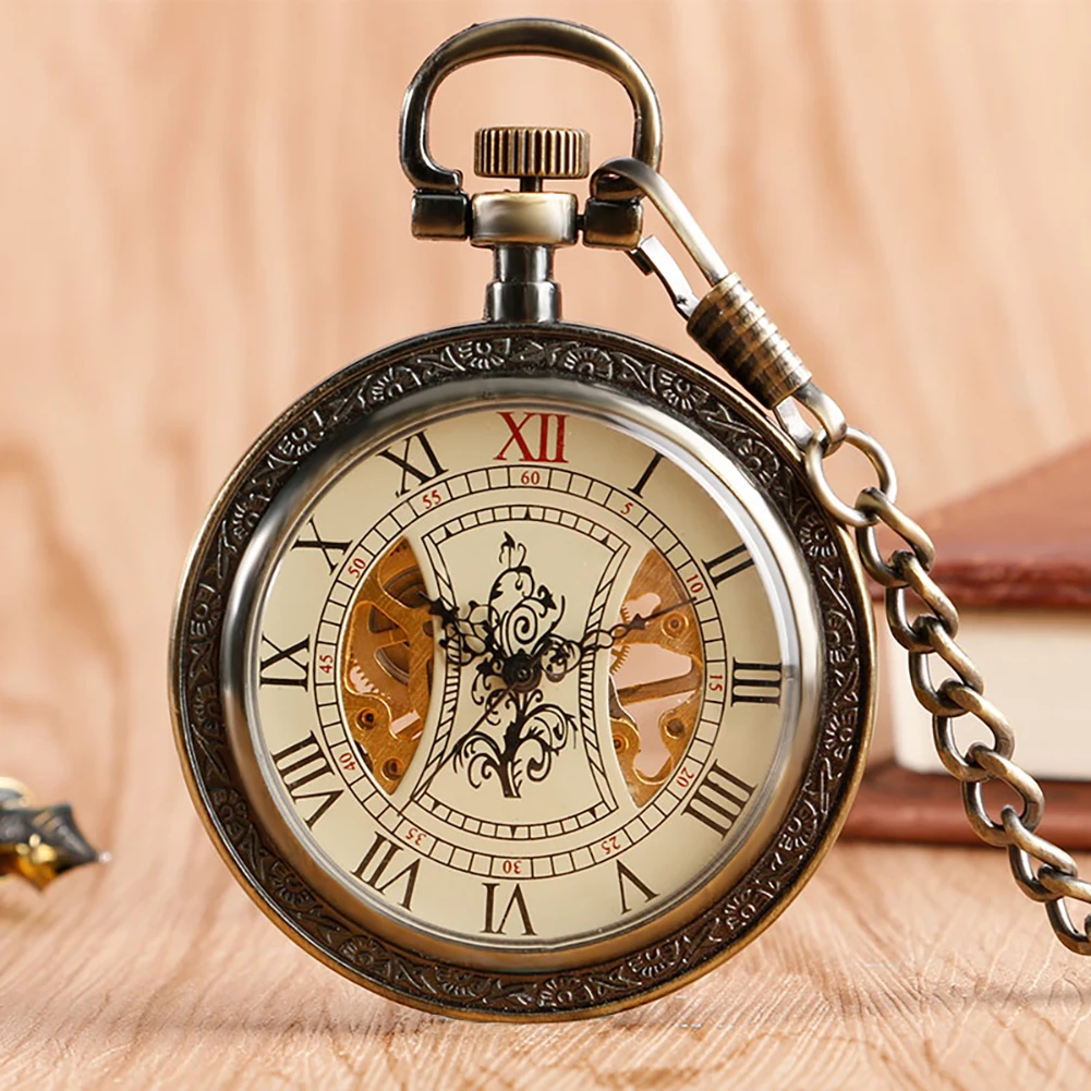 

Vintage Bronze Capless Mechanical Pocket Watch for Men Women Hand-Winding Pendant Clock Transparent Skeleton Roman Numerals Dial