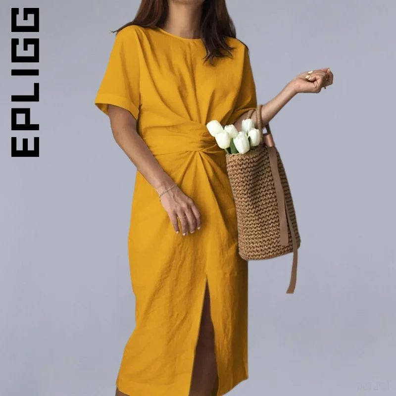 

Epligg Fashion Dress Women Short Sleeve Front Slit Bowknot Dresses Simple Dresses Elastic Vintage Vestidos Clothing Female
