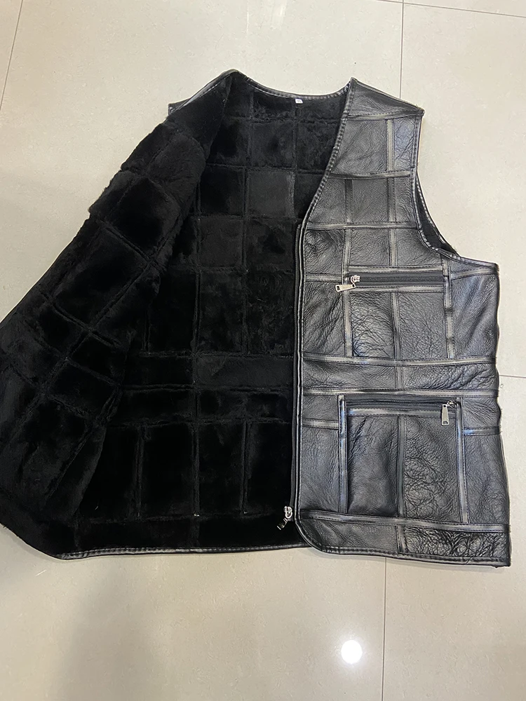 High Quality Fashion Spring Autumn Men Real Sheepskin Vest Genuine Leather Male's Vest Thick Fur Lining Leather Sleeveless Coat