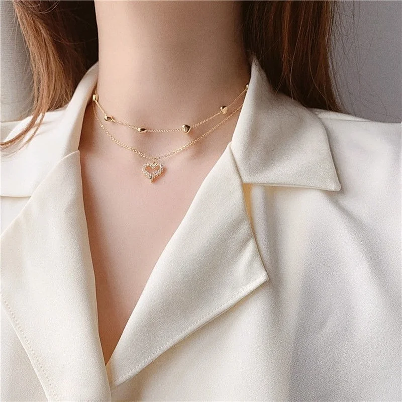 

14k Real Gold Double layer Heart Necklace Shining Bling AAA Zircon Women Clavicle Chain Elegant Charm Wedding Pendant Jewelry