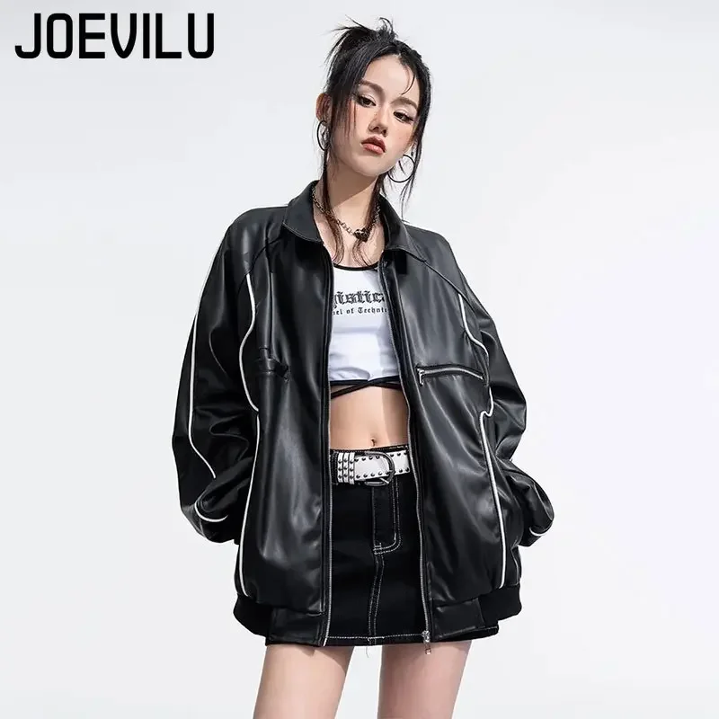 Черная кожаная куртка-бомбер уличная одежда мотоциклетная бейсбольная верхняя