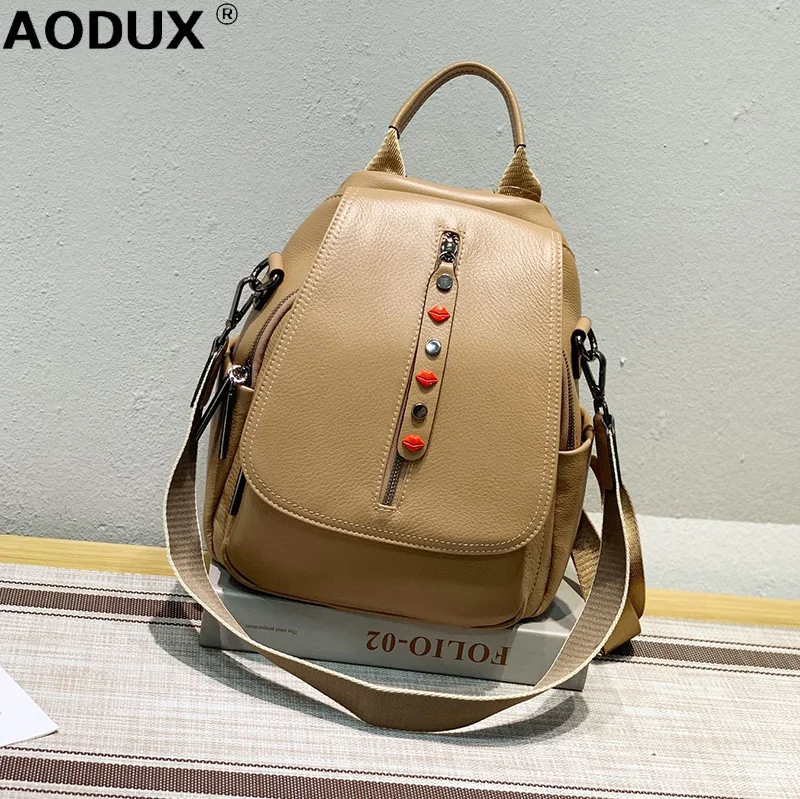 

AODUX Лидер продаж 100% натуральная телячья кожа женские рюкзаки из первого слоя воловьей кожи двухфункциональный рюкзак сумка на одно плечо