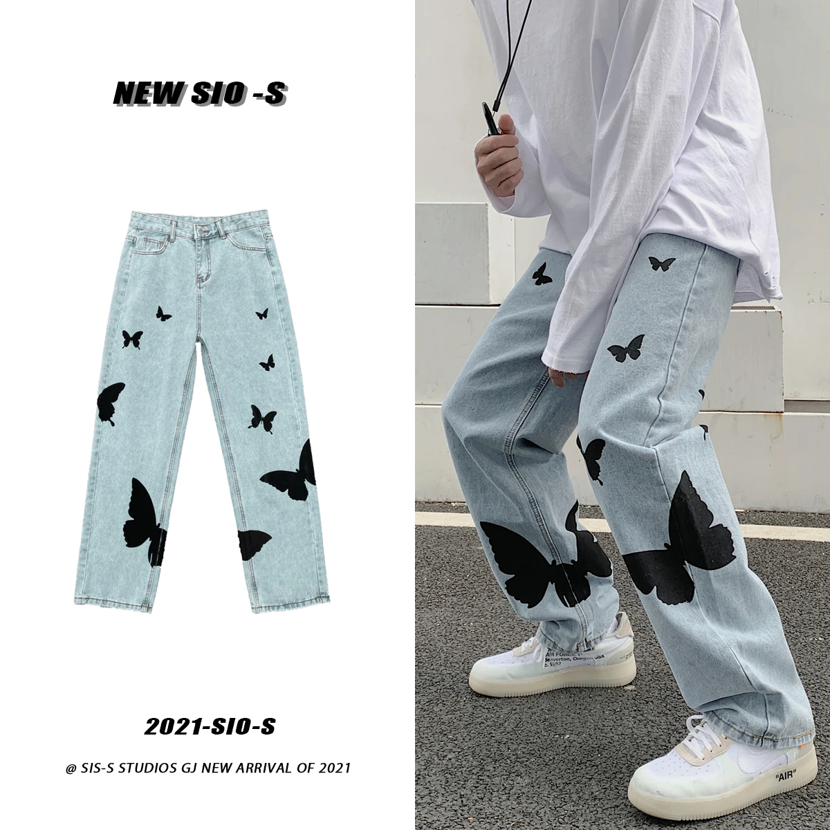 

2022 Butterfly Print Jeans Men Pants Loose Baggy Jeans Casual Denim Pants Streetwear Straight Fashion Trousers Women Clothing