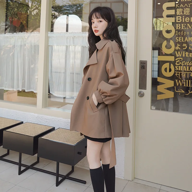 2022 Medium and Long Windbreaker Women's Small Spring and Autumn Loose Double-Breasted Lantern Sleeve Coffee Color Coat