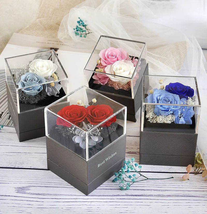 

Preserved Flower Acrylic Jewelry Box Set Necklace Bracelet Ring Rose Flower Valentine's Day Gift Flowers for Decoration