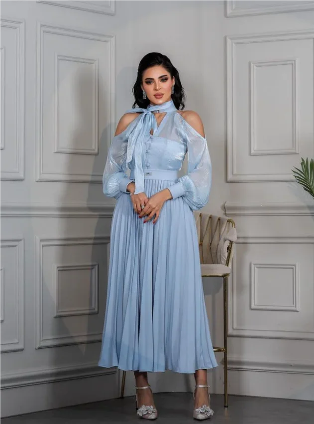 Фото Синее платье длиной до щиколотки с морщинами Vestido De Festa Luxo Dubai Vestidos De Fiesta Redwona Sukienka Вечернее платье 기모노 №2