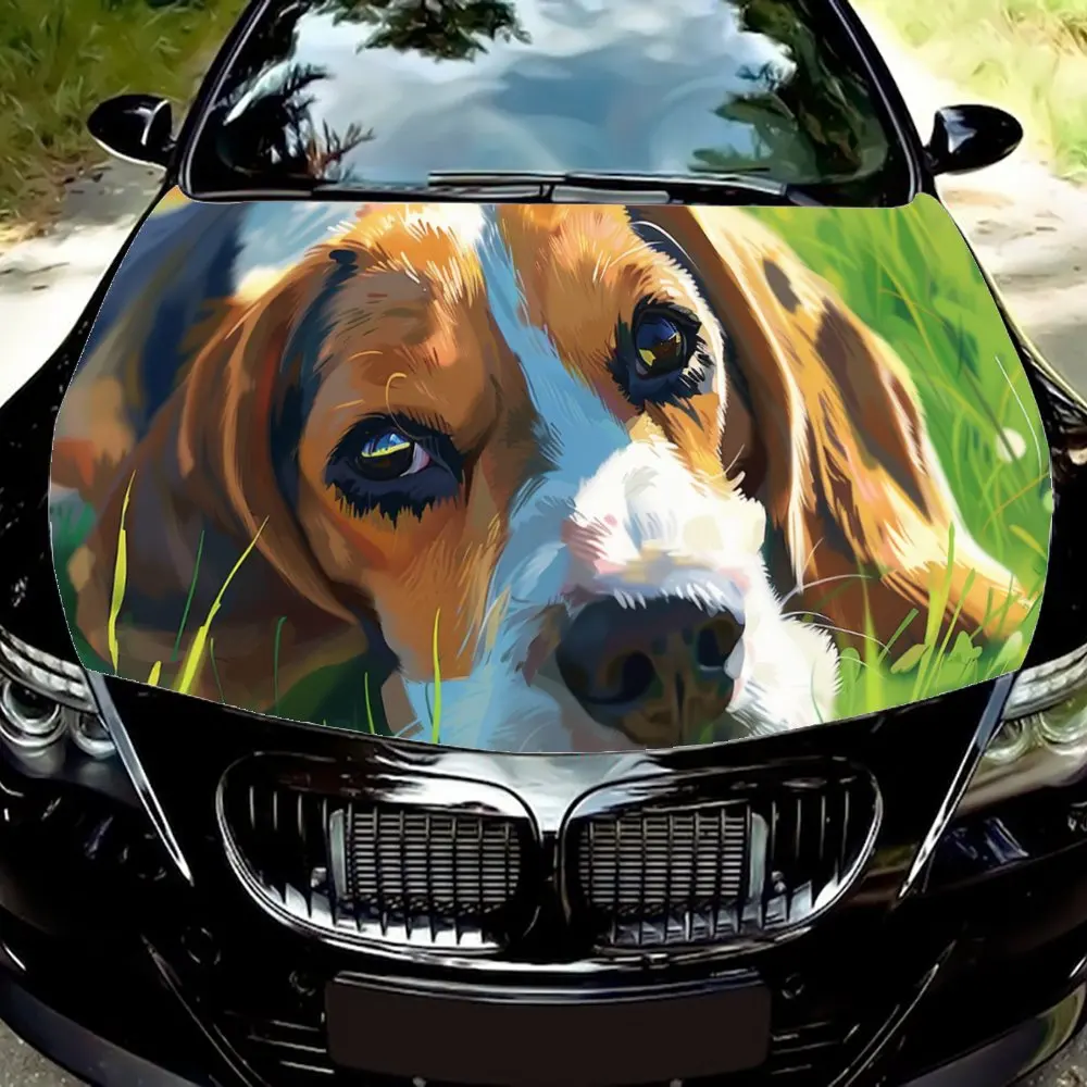 Картина маслом с изображением бигля и принтом на капот автомобиля цветная
