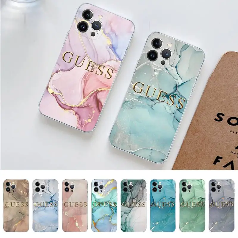 

Fashion Artistic Agate Marble Gold Bar Brand GUESS Phone Case for iPhone 11 12 13 mini pro XS MAX 8 7 6 6S Plus X 5S SE 2020 XR