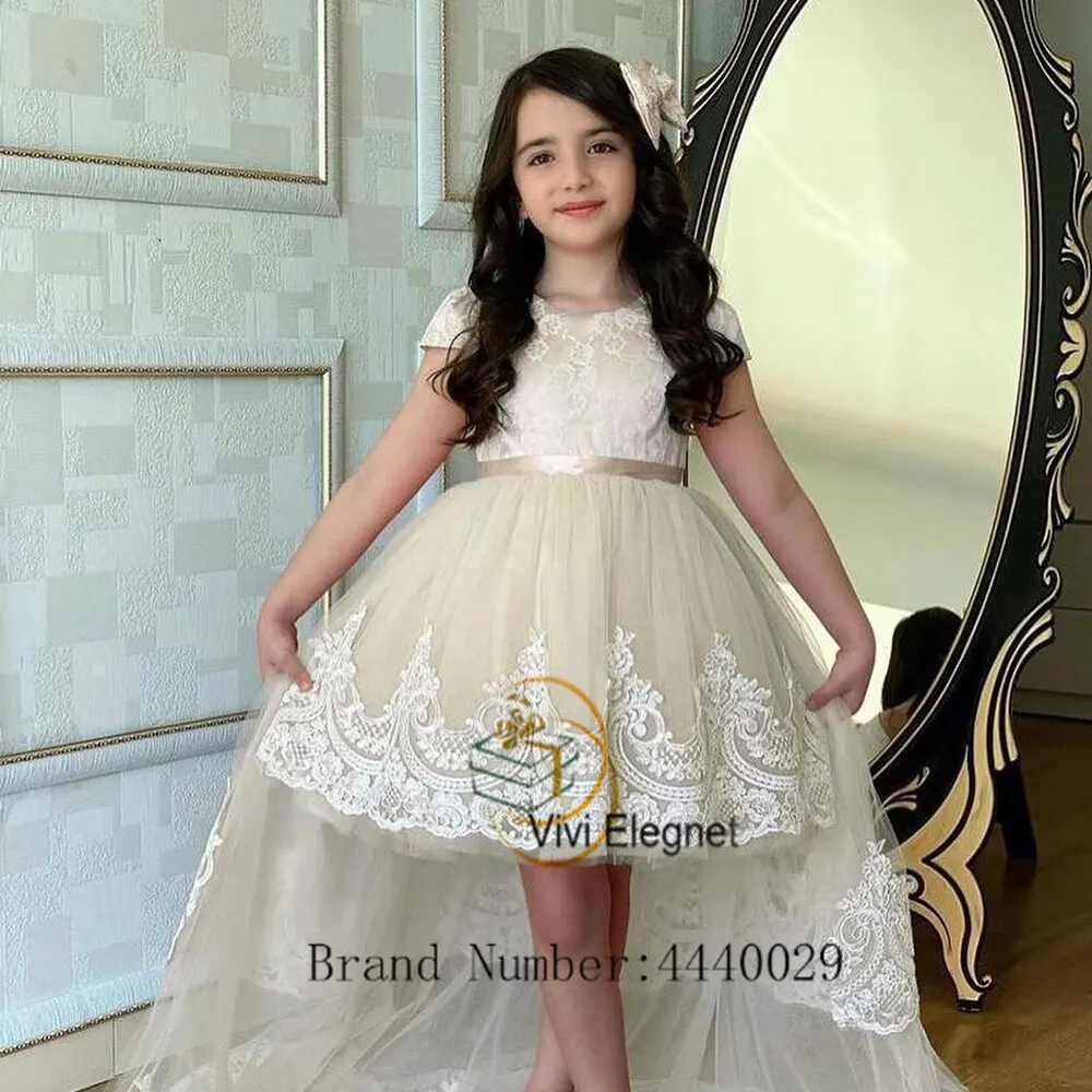 

Charming Ivory Scoop Flower Girl Dresses for Women Lace Court Train Summer New Wedding Party Gowns A Line 2023 New فساتين بنات