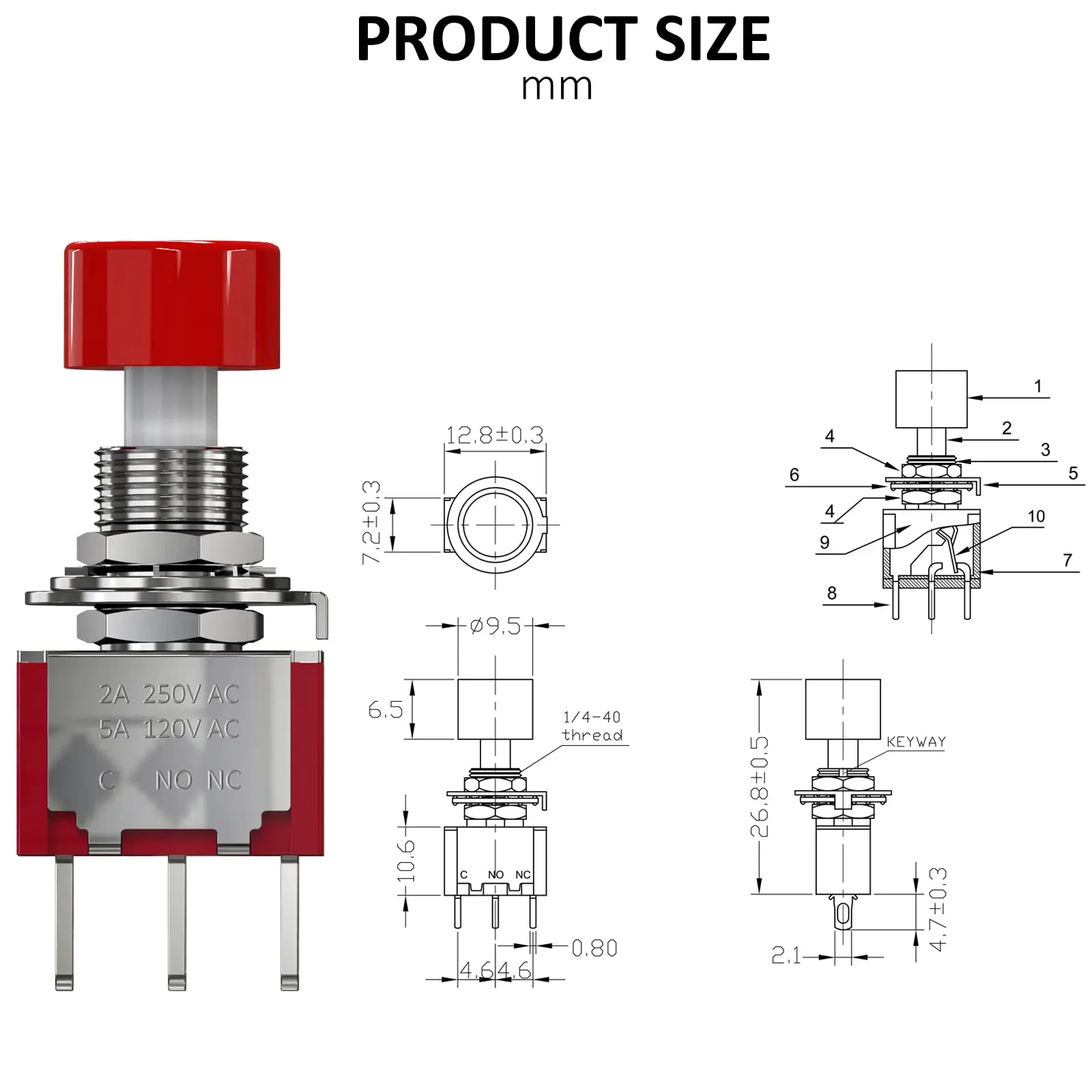 5 шт. AC 2A/250V 5A/120V 3-контактный Мгновенный кнопочный переключатель NO NC с красной